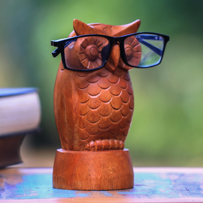 Owl-Shaped Jempinis Wood Eyeglasses Holder from Bali - Wise Owl